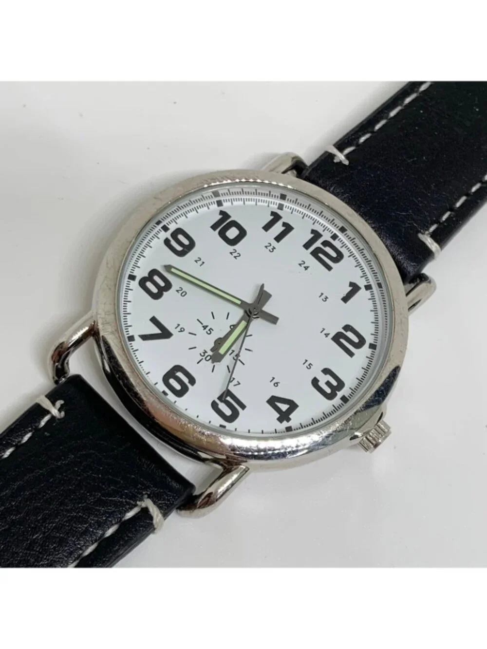 SilverTone tone men’s watch 42mm quartz analog white dial black leather running